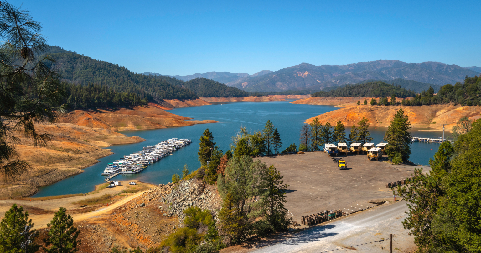 Shasta Lake in the Sacramento River, Northern California, United States, boat ramp and drying dam water